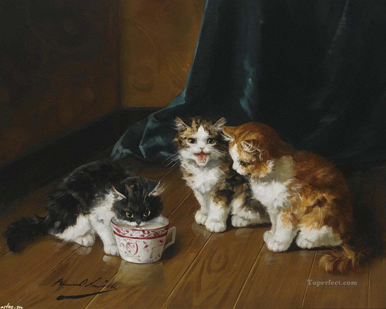 Alfred Brunel de Neuville kittens on floor Oil Paintings